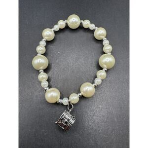 ALEXA'S ANGELS Heart Prayer Box Locket Charm Faux Pearl Beads Bracelet Sz 7.5